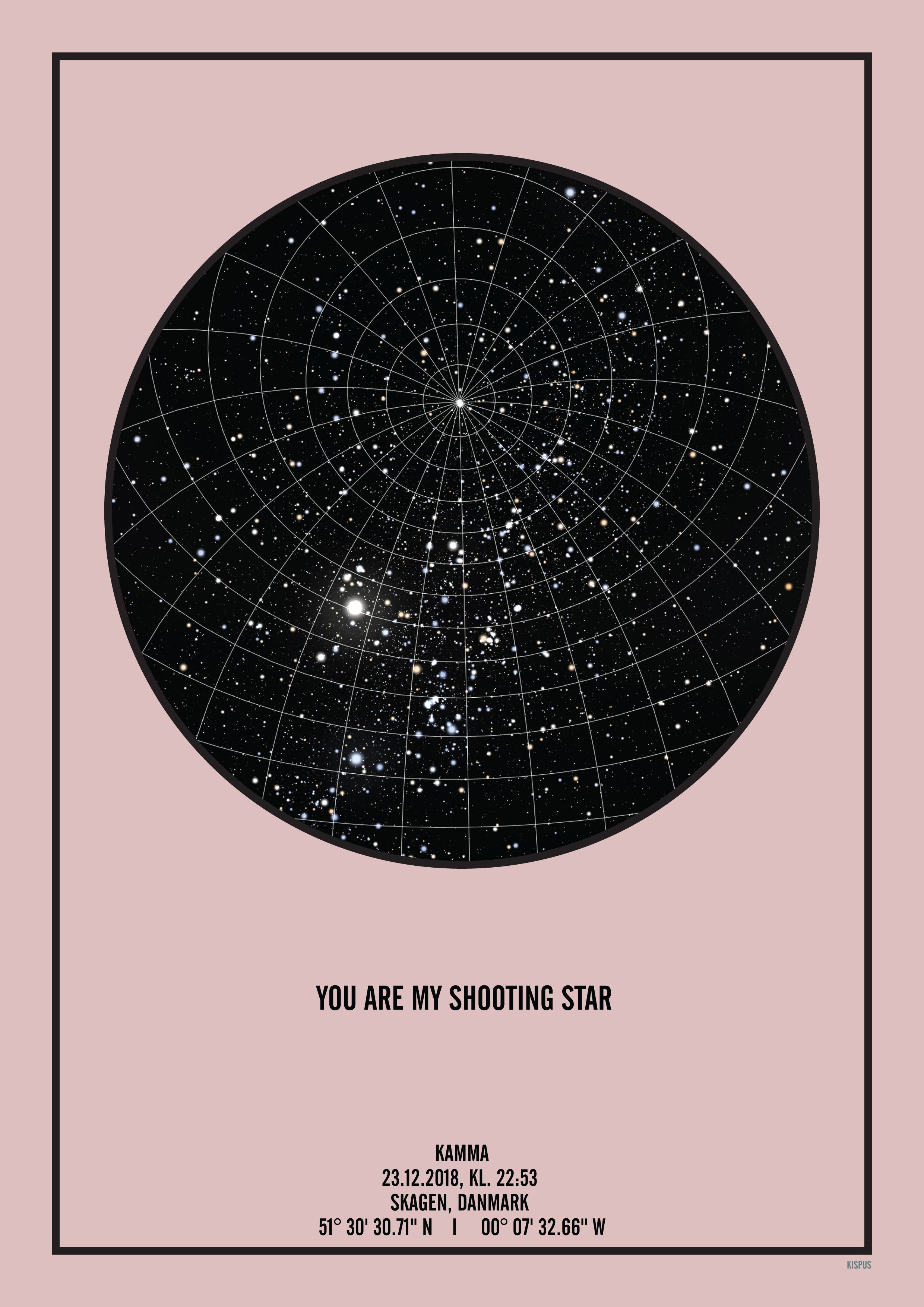 Billede af PERSONLIG STJERNEHIMMEL PLAKAT (LYSERØD) - A4 / Sort tekst og sort stjernehimmel / Stjernehimmel med gitter