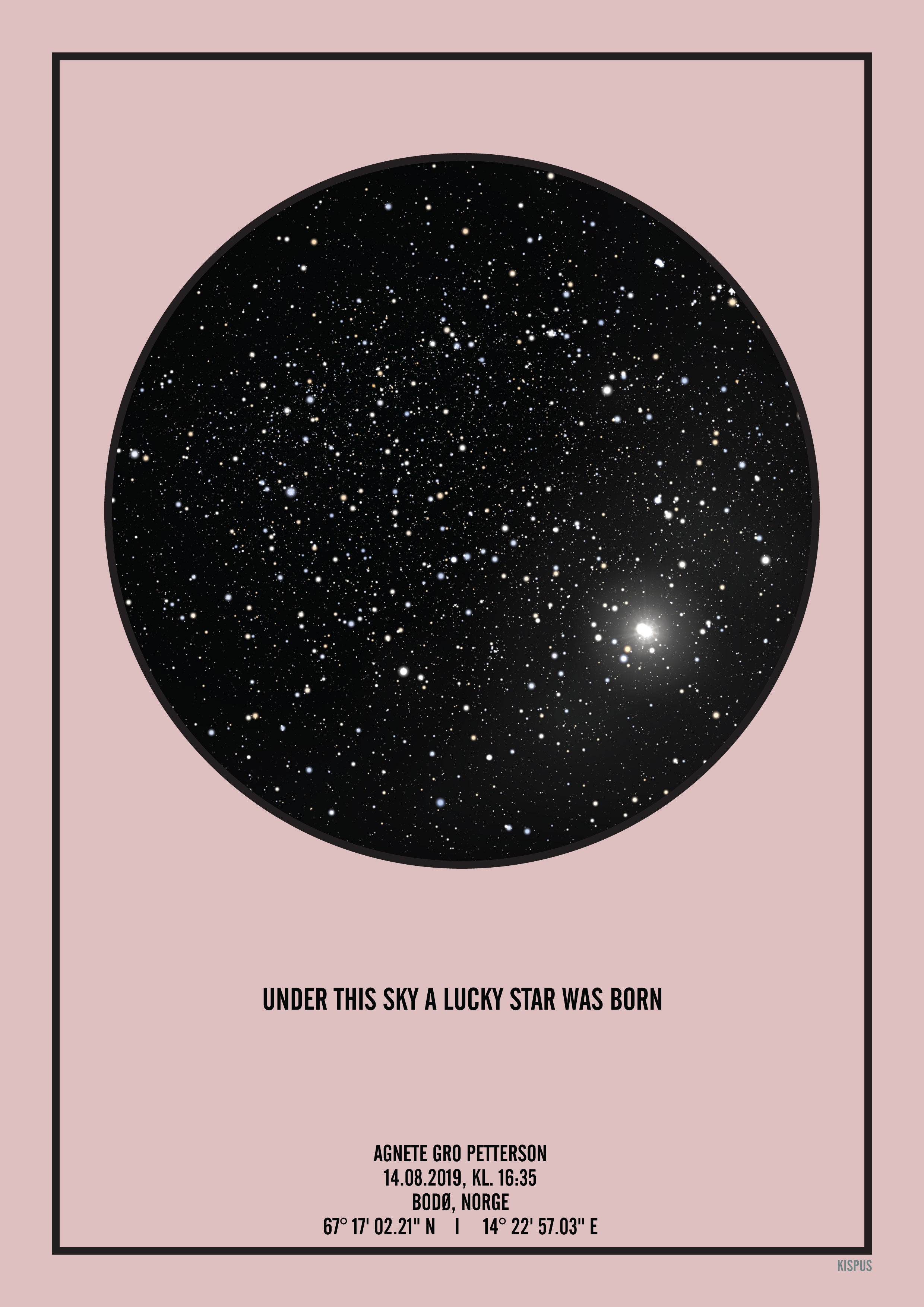Billede af PERSONLIG STJERNEHIMMEL PLAKAT (LYSERØD) - A4 / Sort tekst og sort stjernehimmel / Klar stjernehimmel