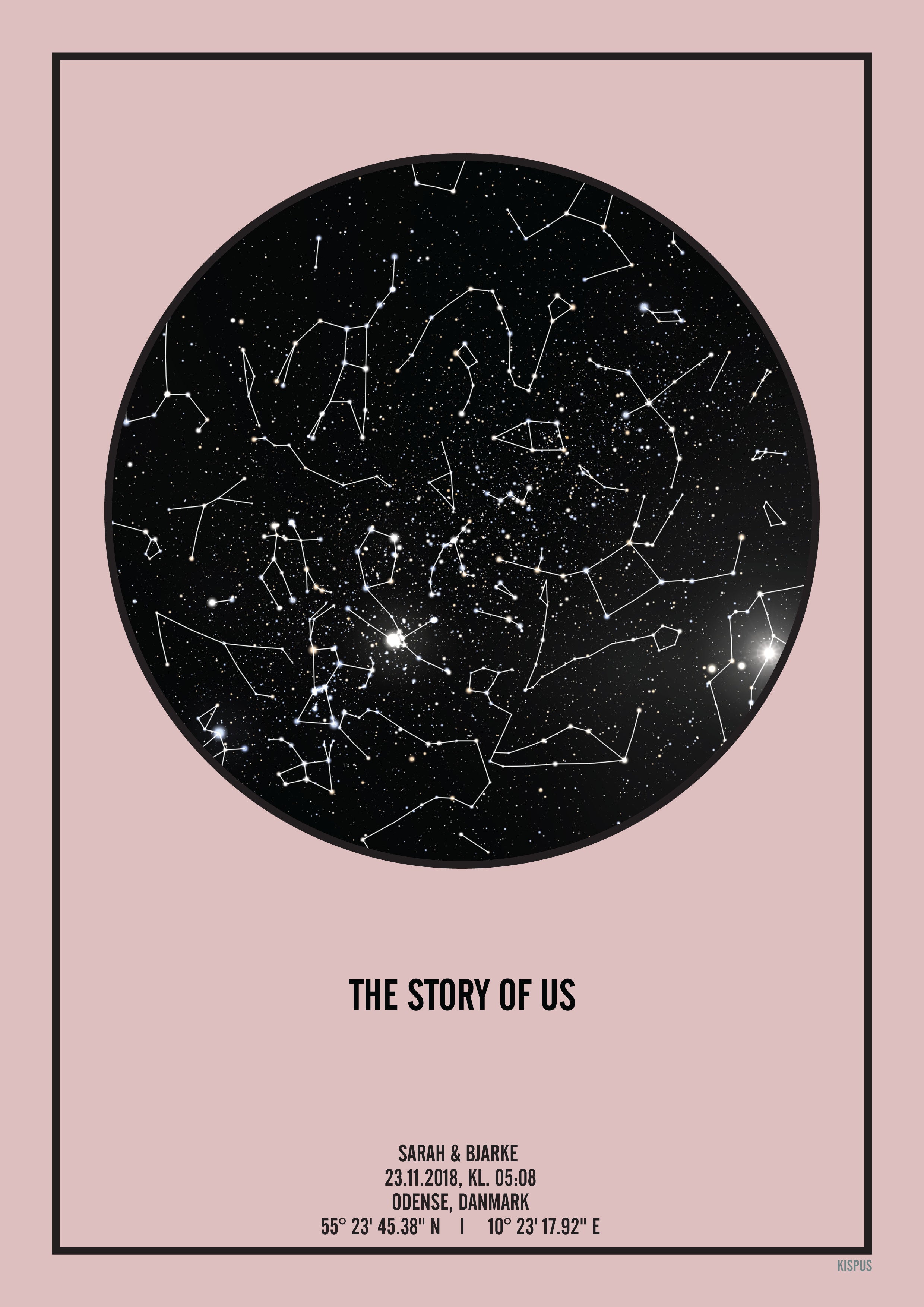 Billede af PERSONLIG STJERNEHIMMEL PLAKAT (LYSERØD) - A4 / Sort tekst og sort stjernehimmel / Stjernehimmel med stjernebilleder