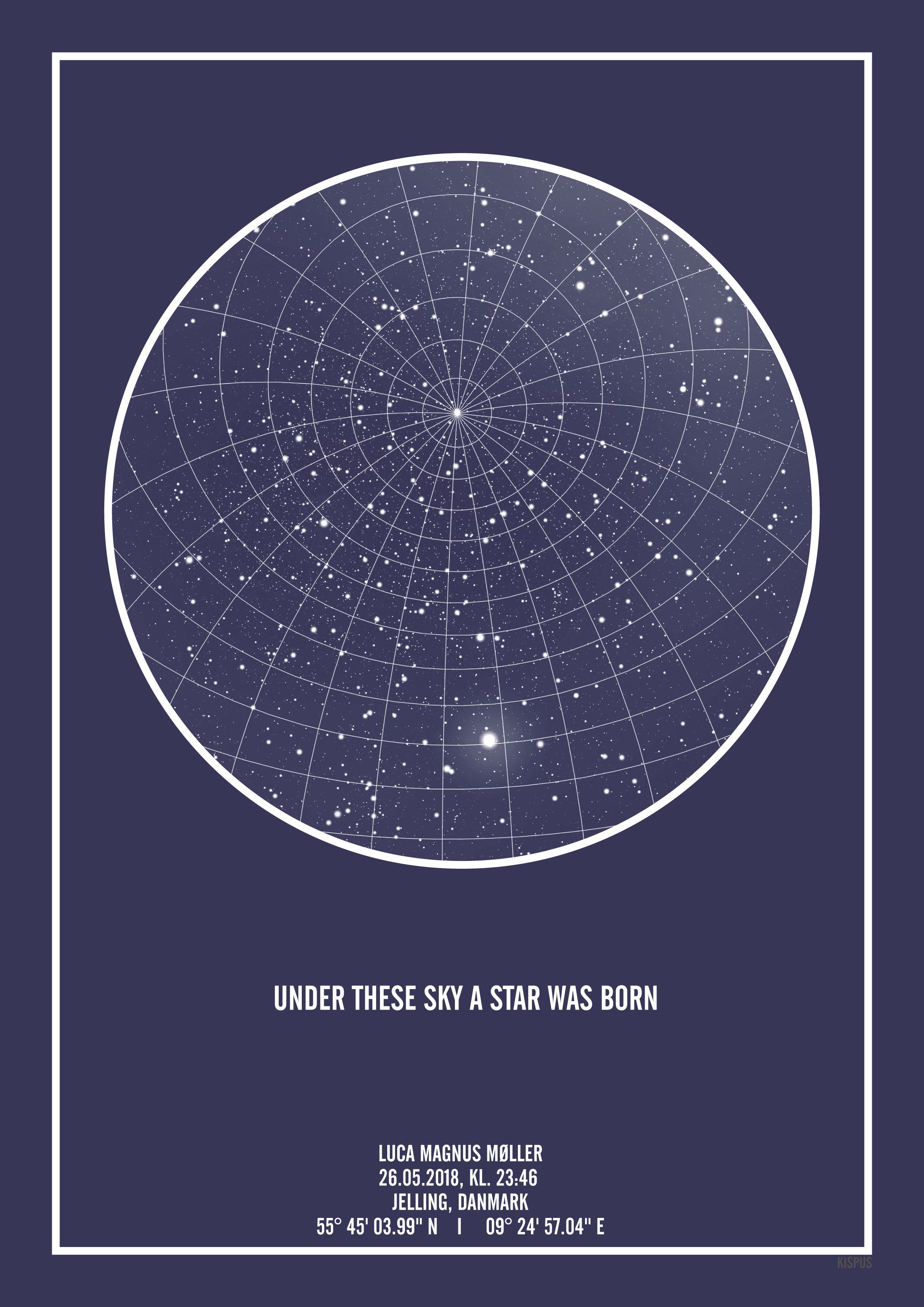 Se PERSONLIG STJERNEHIMMEL PLAKAT (MØRKEBLÅ) - 30x40 / Mørkeblå stjernehimmel / Stjernehimmel med gitter hos KISPUS