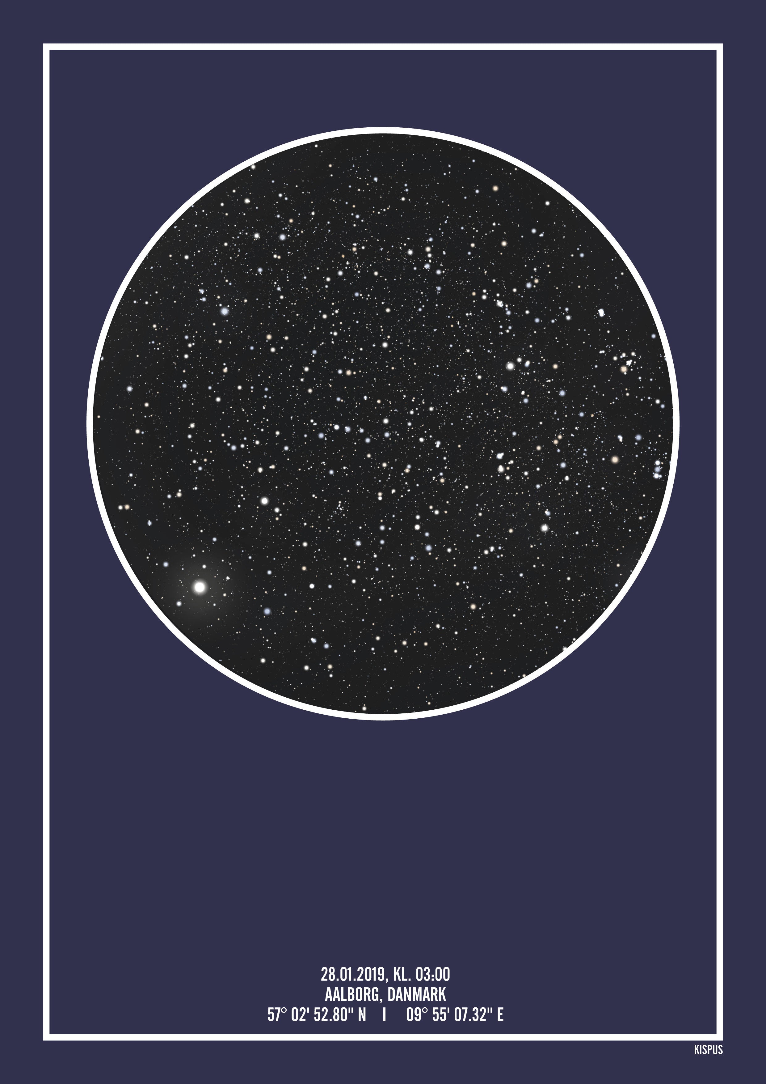 Se PERSONLIG STJERNEHIMMEL PLAKAT (MØRKEBLÅ) - A4 / Sort stjernehimmel / Klar stjernehimmel hos KISPUS