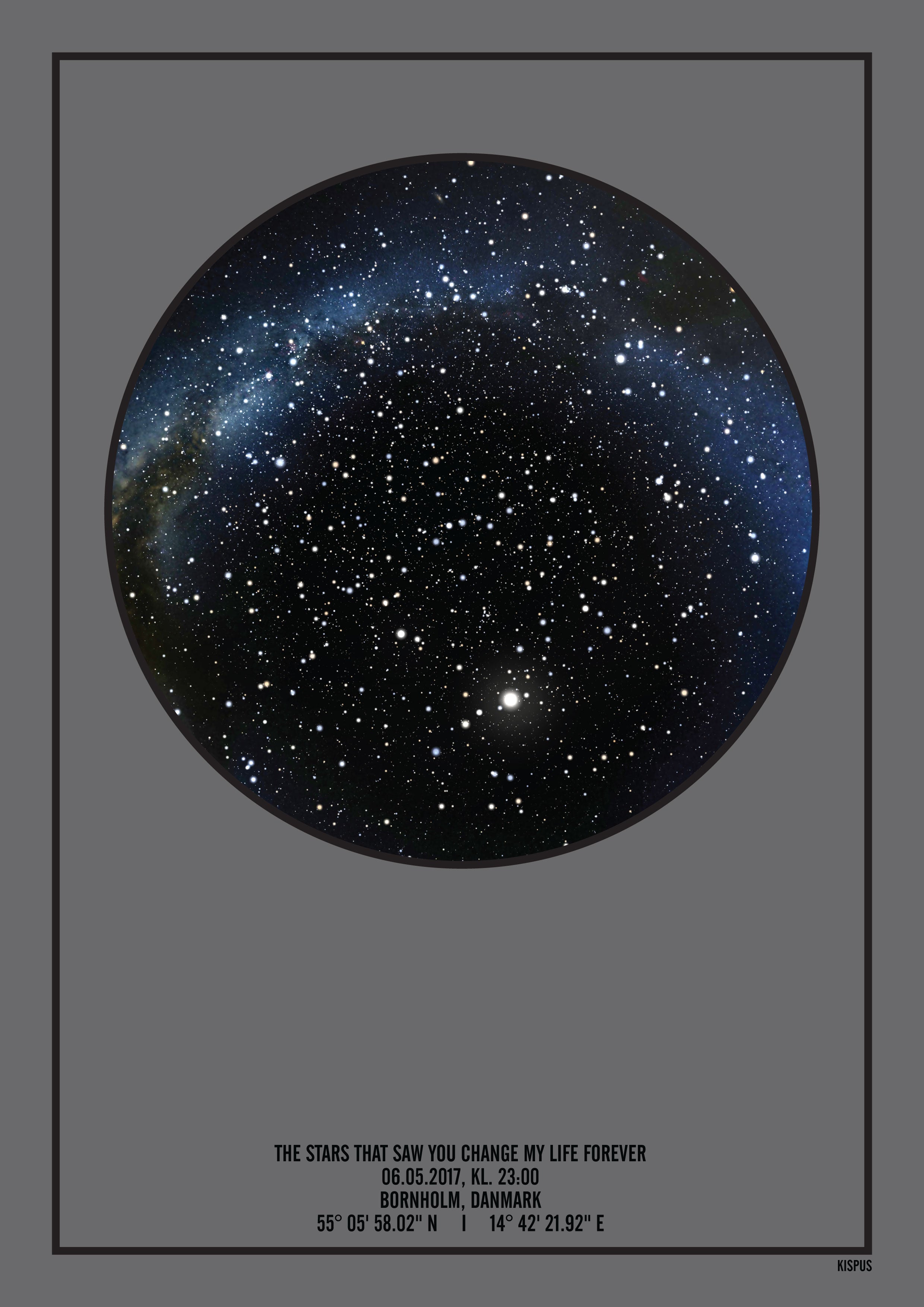 Billede af PERSONLIG STJERNEHIMMEL PLAKAT (MØRKEGRÅ) - A4 / Sort tekst + sort stjernehimmel / Stjernehimmel med Mælkevej