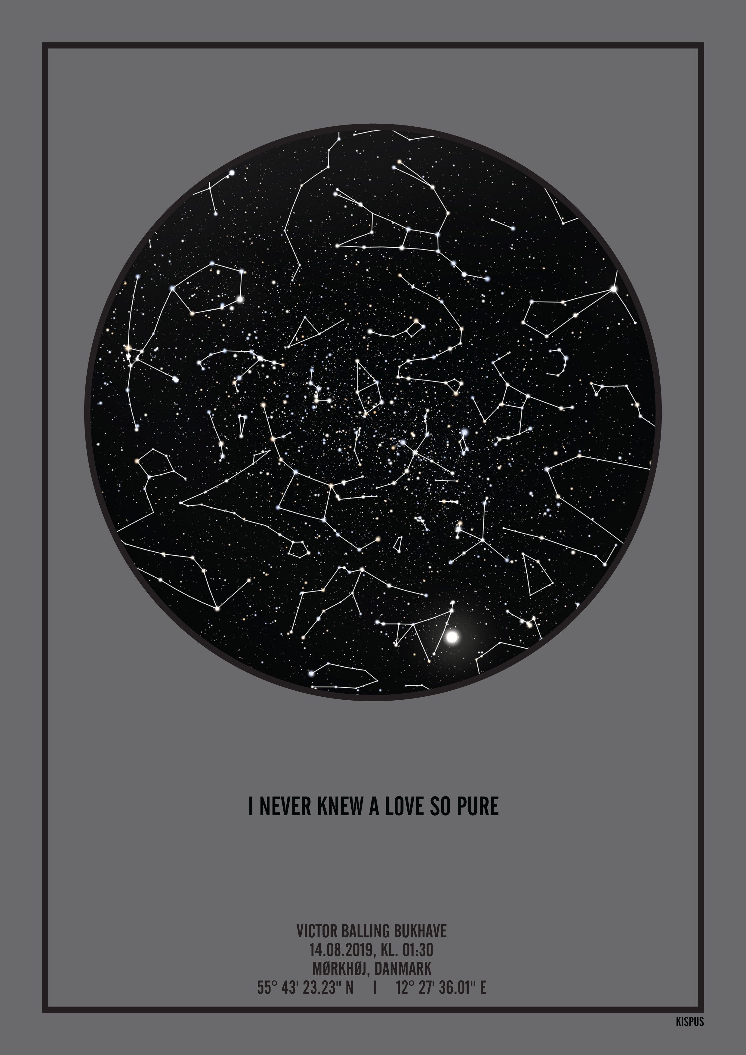 Billede af PERSONLIG STJERNEHIMMEL PLAKAT (MØRKEGRÅ) - A4 / Sort tekst + sort stjernehimmel / Stjernehimmel med Stjernebilleder