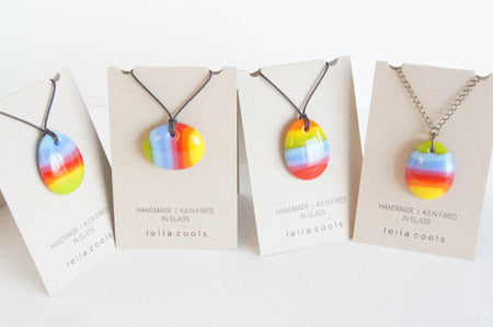 Rainbow necklaces handmade in fused glass on cotton cord necklaces or brass chain necklaces.