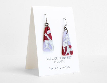 Lavender and rose pink ismatched colorblock earrings with art nouveau style vine design in silver. Handmade by Leila Cools.