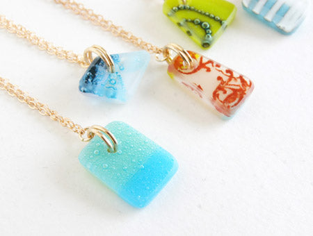 small fused glass tile pendants on gold chain