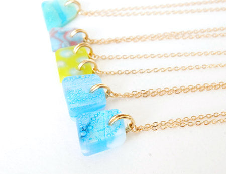 aquamarine blue, red and chartreuse green glass tiles with frosted matte finish on gold chain