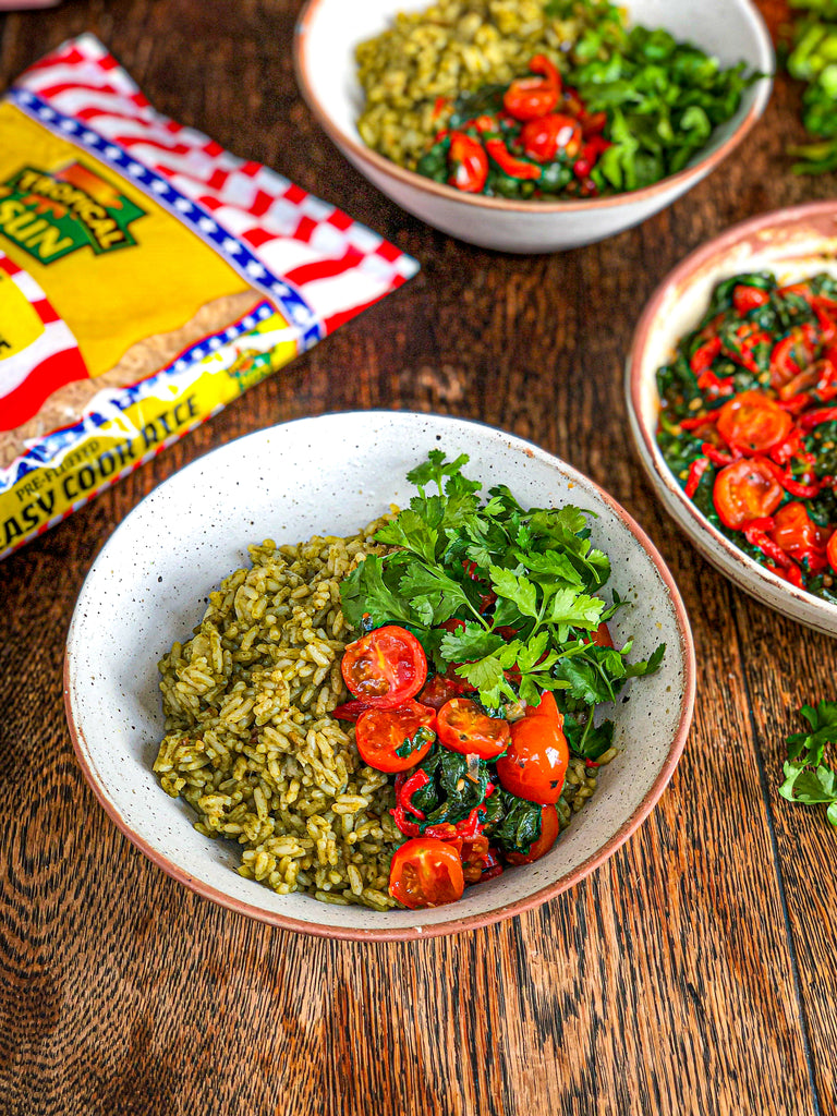 Fragrant green rice with tomatoes, spinach and herbs