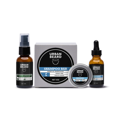 Beard Product Bundle which includes beard oil, cleansing conditoner, moustache wax & shampoo bar. Natural & organic ingredients used to enhance your beard and give you healthy skin. Urban Beard is a vegan friendly company.