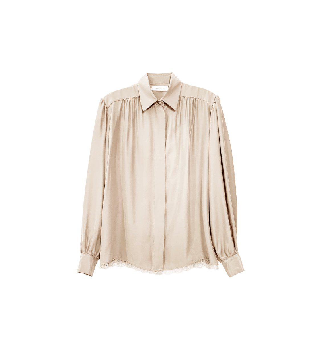 SILK CHARMEUSE SHIRT WITH PUFF SHOULDERS AND LACE TRIM