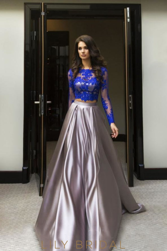 A-Line Stormy Satin Long Sleeve Sweep Train Two-Piece Prom Dress With Lace Applique