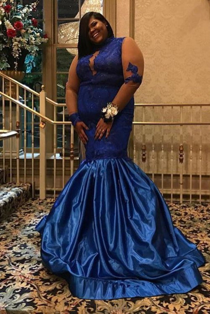 Royal Blue Taffeta Lace High Neck Long Sleeve Plus Size Mermaid Prom D