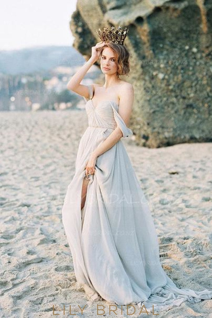 Boho Off Shoulder Long Ruched Slit Chiffon Beach Wedding Dress With Sweep Train