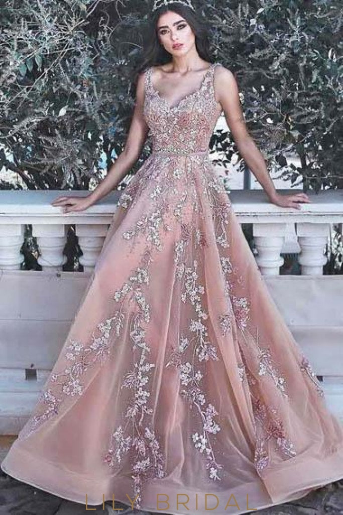 floral applique evening dress