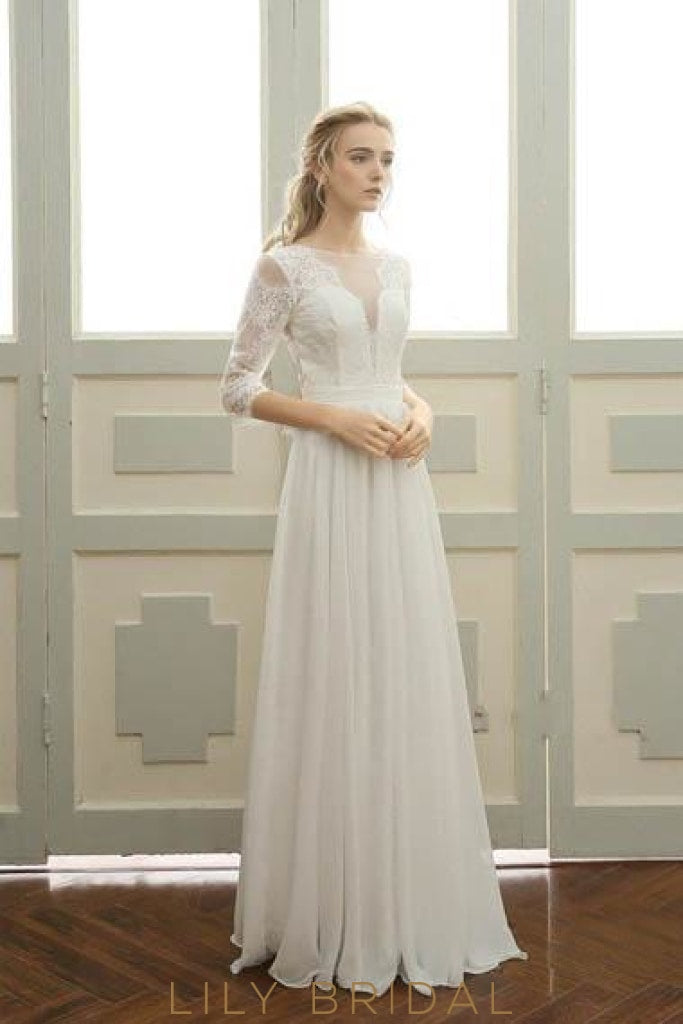 Lace Sheer Bateau Neck Half Sleeves Long Sheath Chiffon Wedding Dress