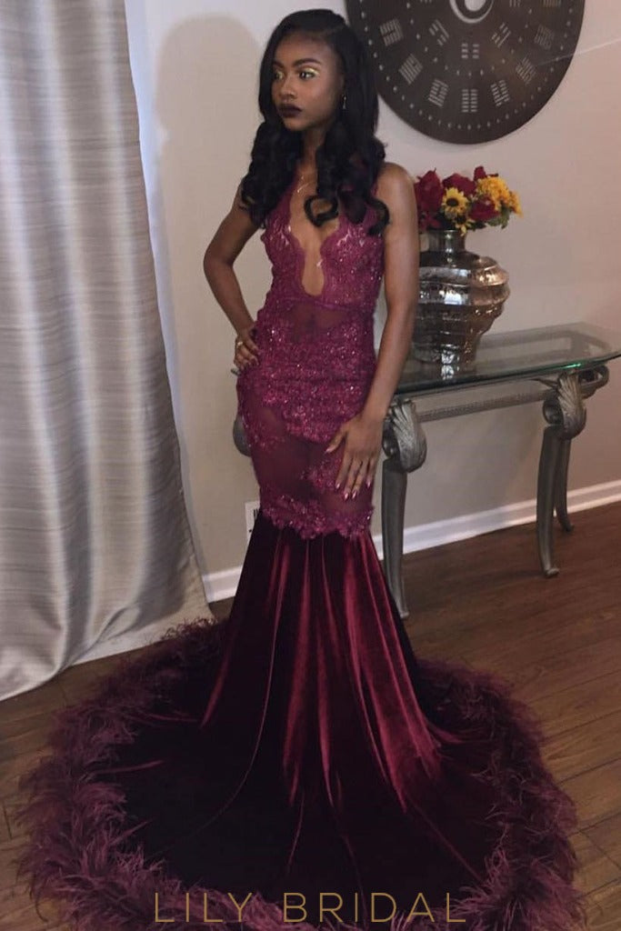 velvet mermaid prom dress