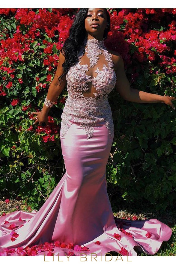 Taffeta High Neck Sleeveless Sweep Train Prom Dress With Illusion Lace Bodice