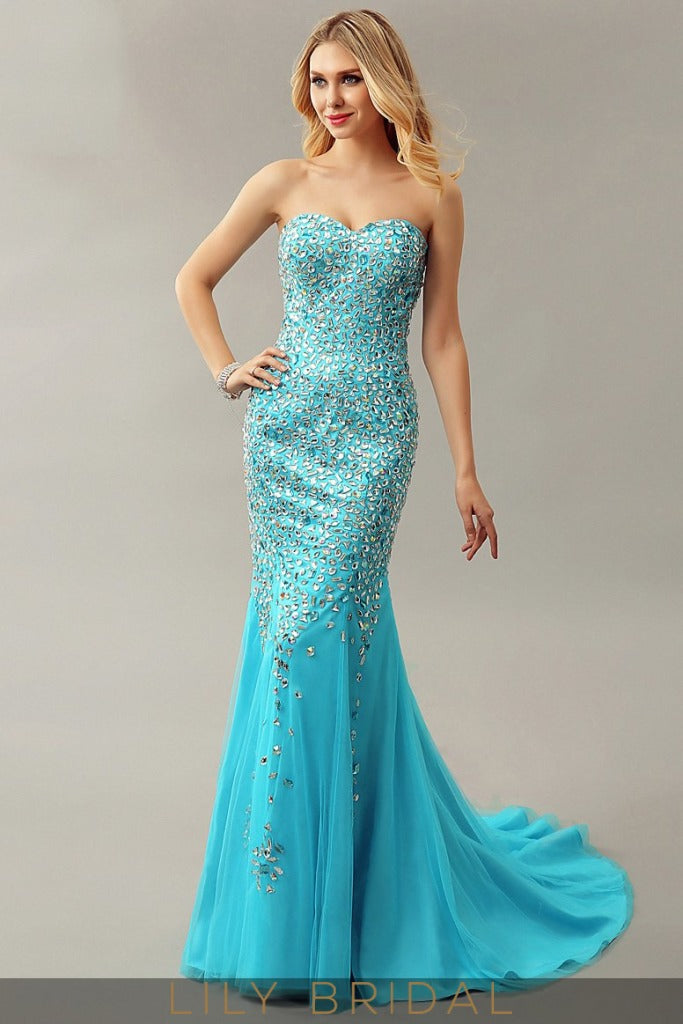 Satin Tulle Trumpet Sweetheart Strapless Court Train Prom Dress With Rhinestone