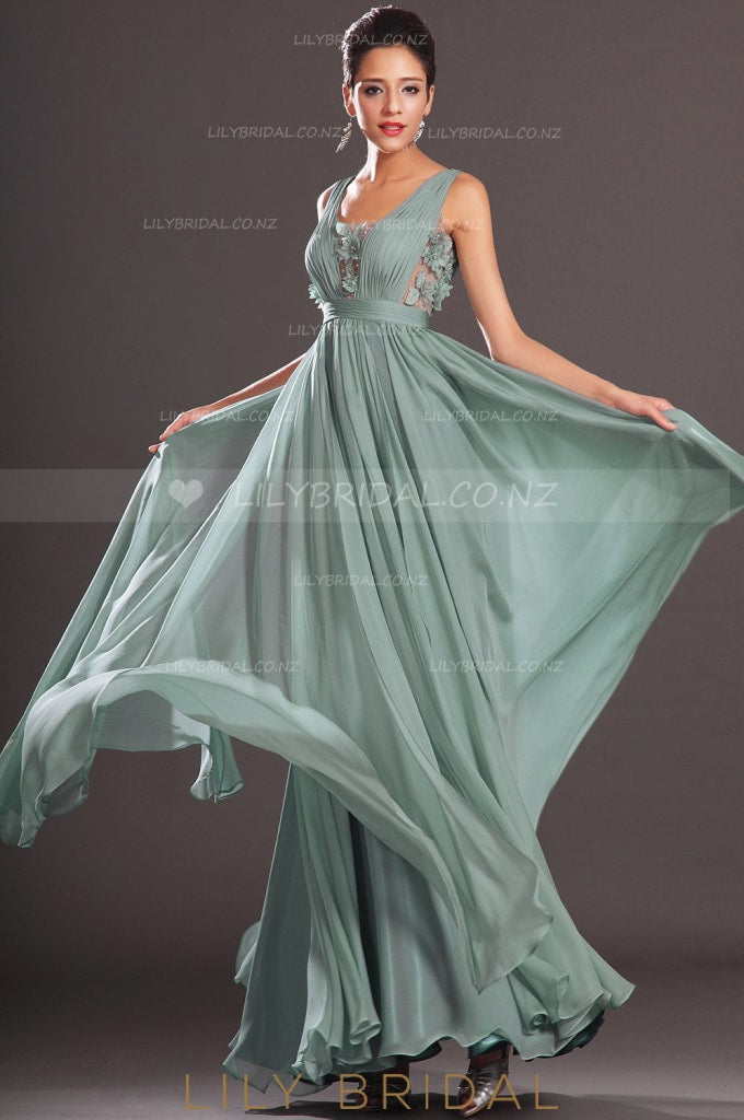 Square Neckline Sleeveless Floor-Length Floral Chiffon Evening Dress