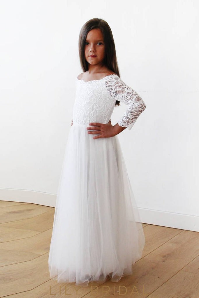 White A Line Floor Length Tulle Flower Girl Dress With Off The