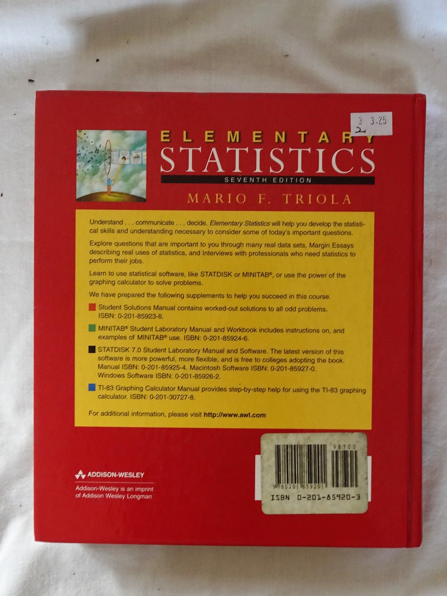 Elementary Statistics By Mario F Triola Seventh Edn Morgan S Rare Books