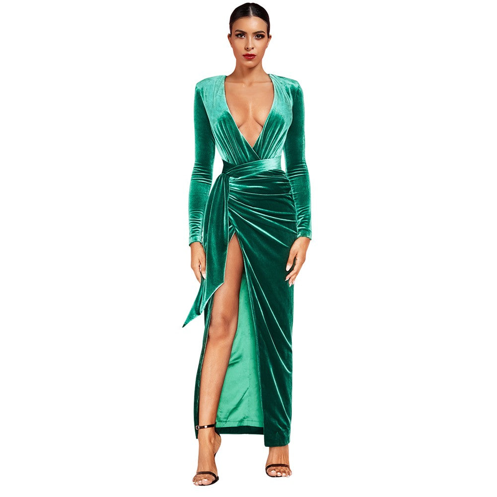 long sleeve green velvet maxi dress