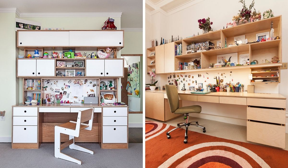 Modern desk and chair in organized workspace with shelves.