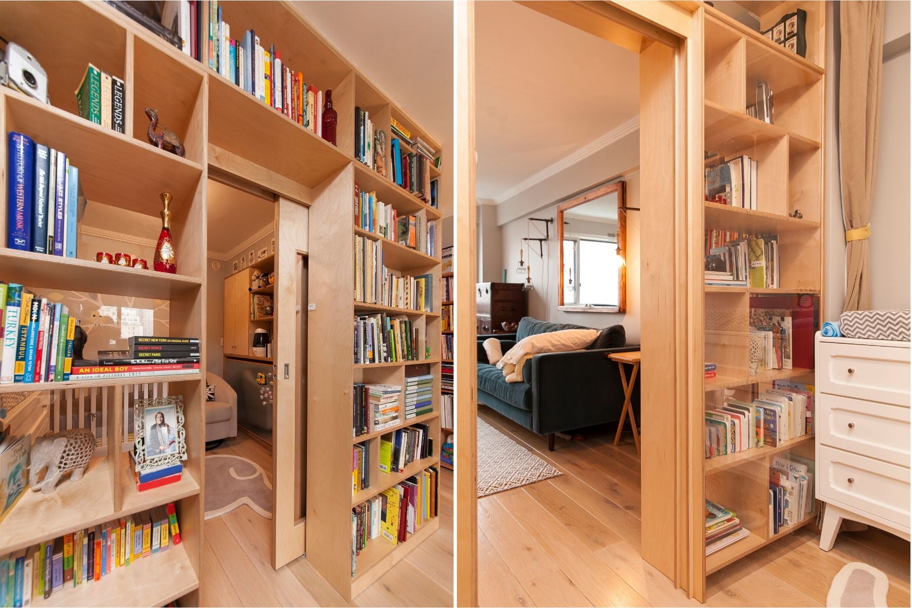 Bookshelf door opens to a cozy room with a sofa and dresser.