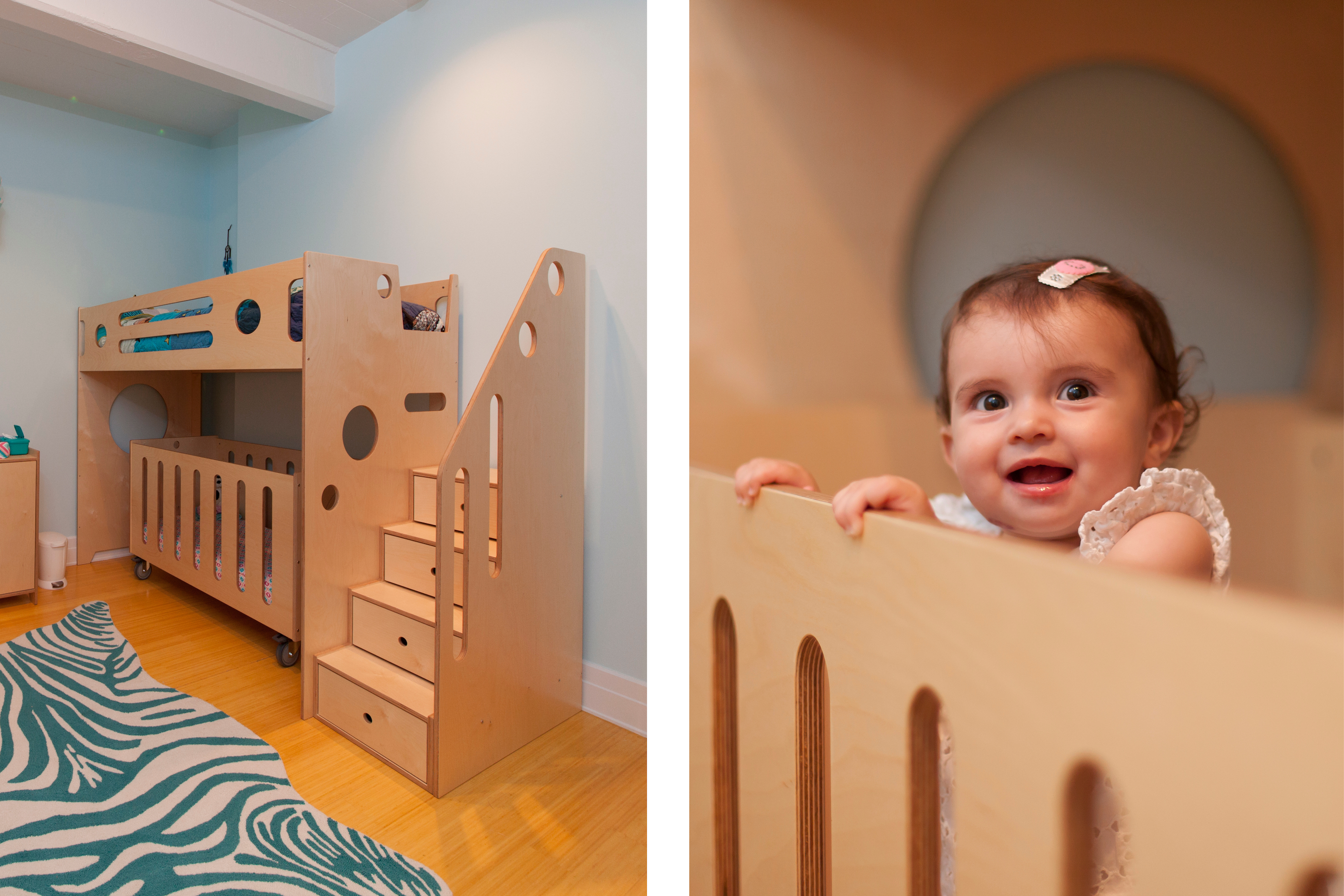Collage of images: left, a room with a wooden bunk bed and drawers; right, a smiling baby peeking from a wooden crib.