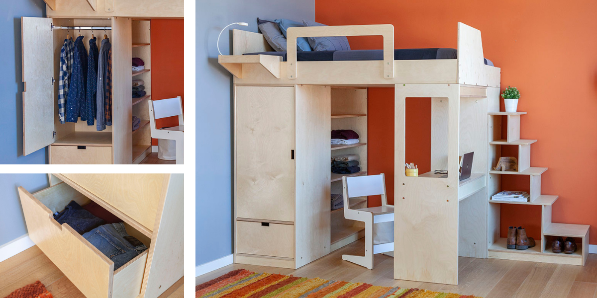 Collage: wooden loft bed with integrated storage and staircase, set against an orange wall in a vibrant room.