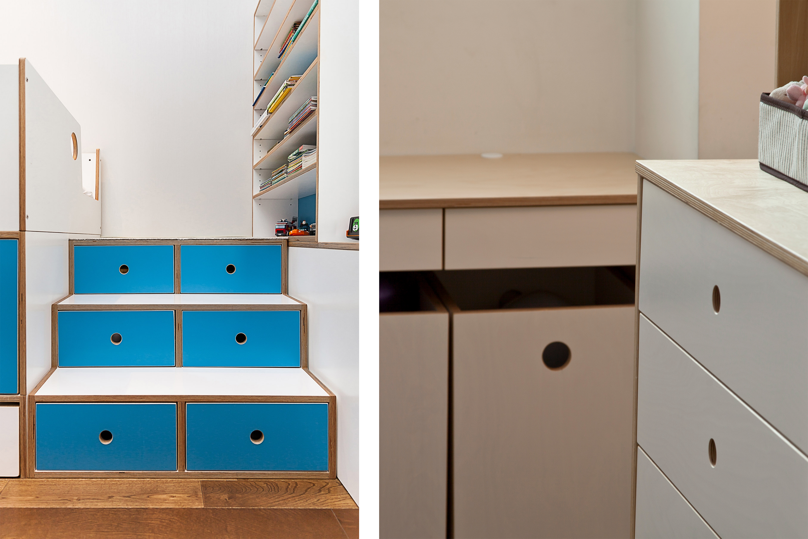 Split image showing blue storage bins in a white shelving unit and a close-up of a modern drawer.