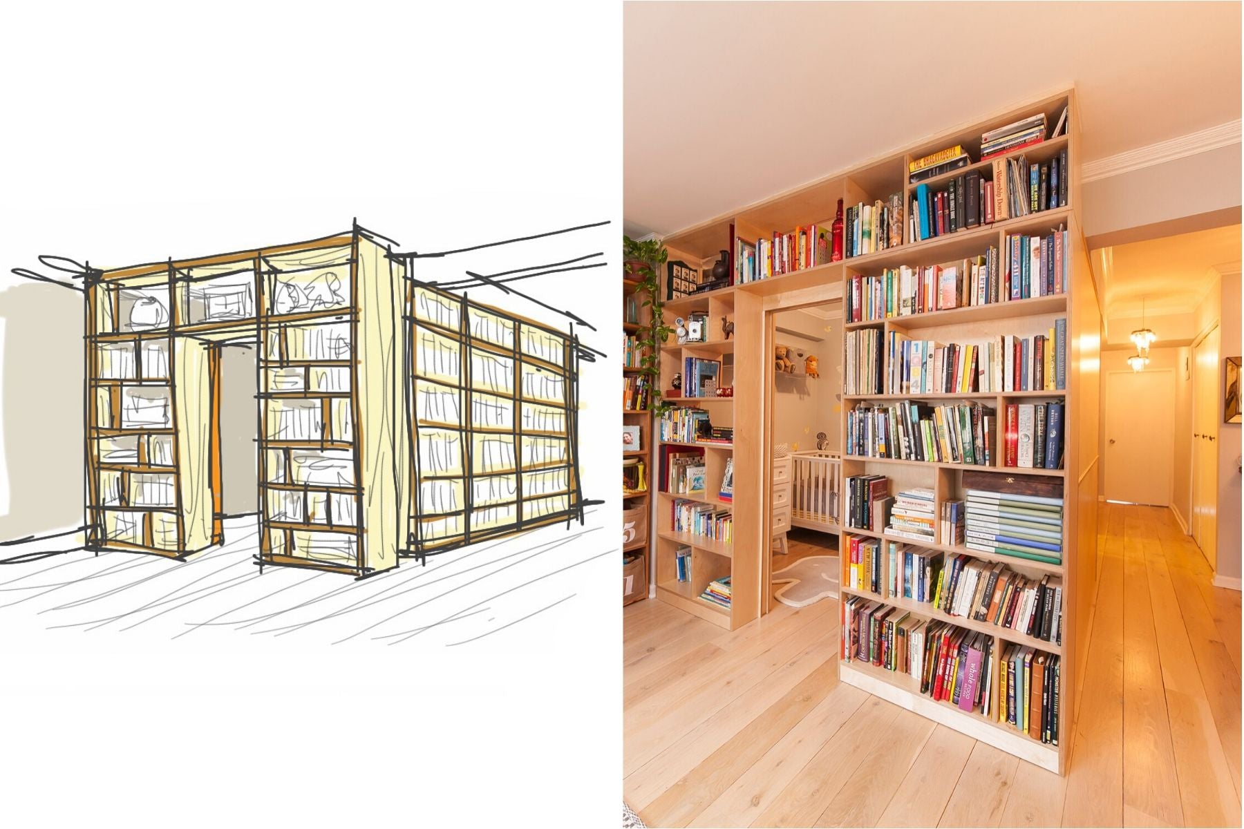 Sketch and photo of a bookcase with books in a cozy room.