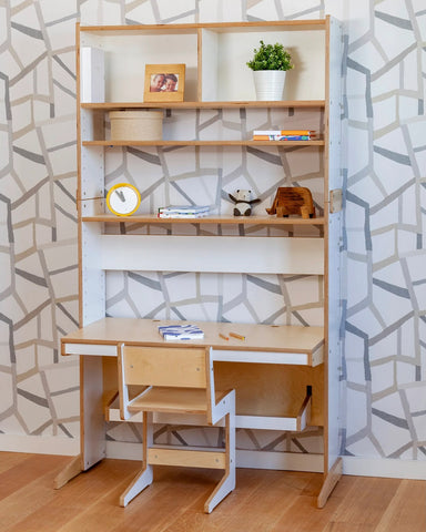 A desk and chair in a room