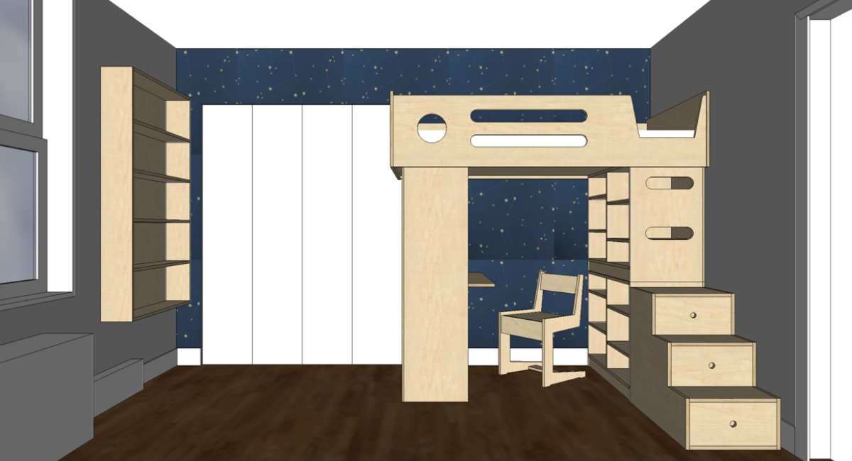 Modern loft bed with desk and shelves in a 3D rendering.
