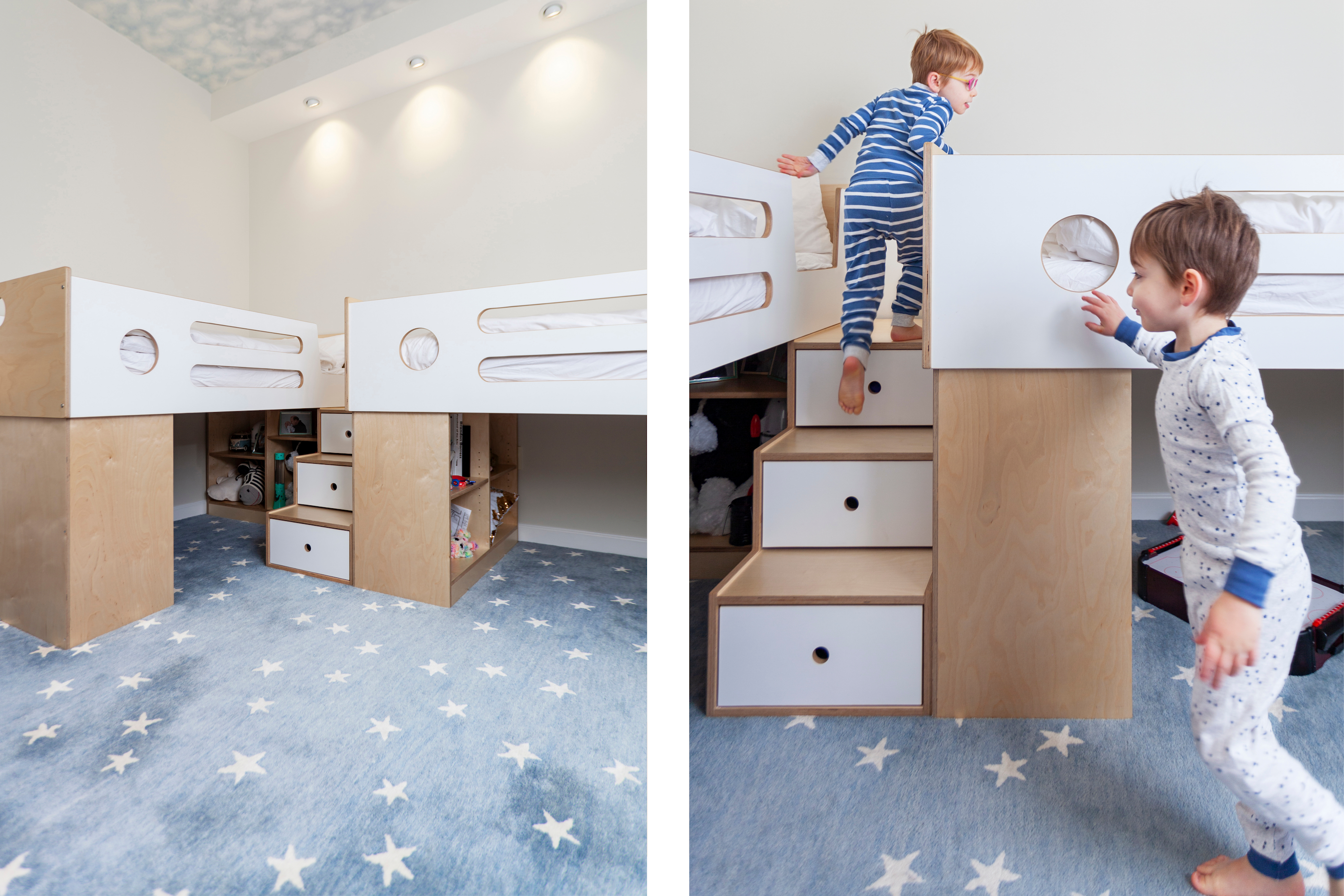 Collage of images: left, a child's room with twin beds and a carpet; right, a boy playing on steps built into a bed.