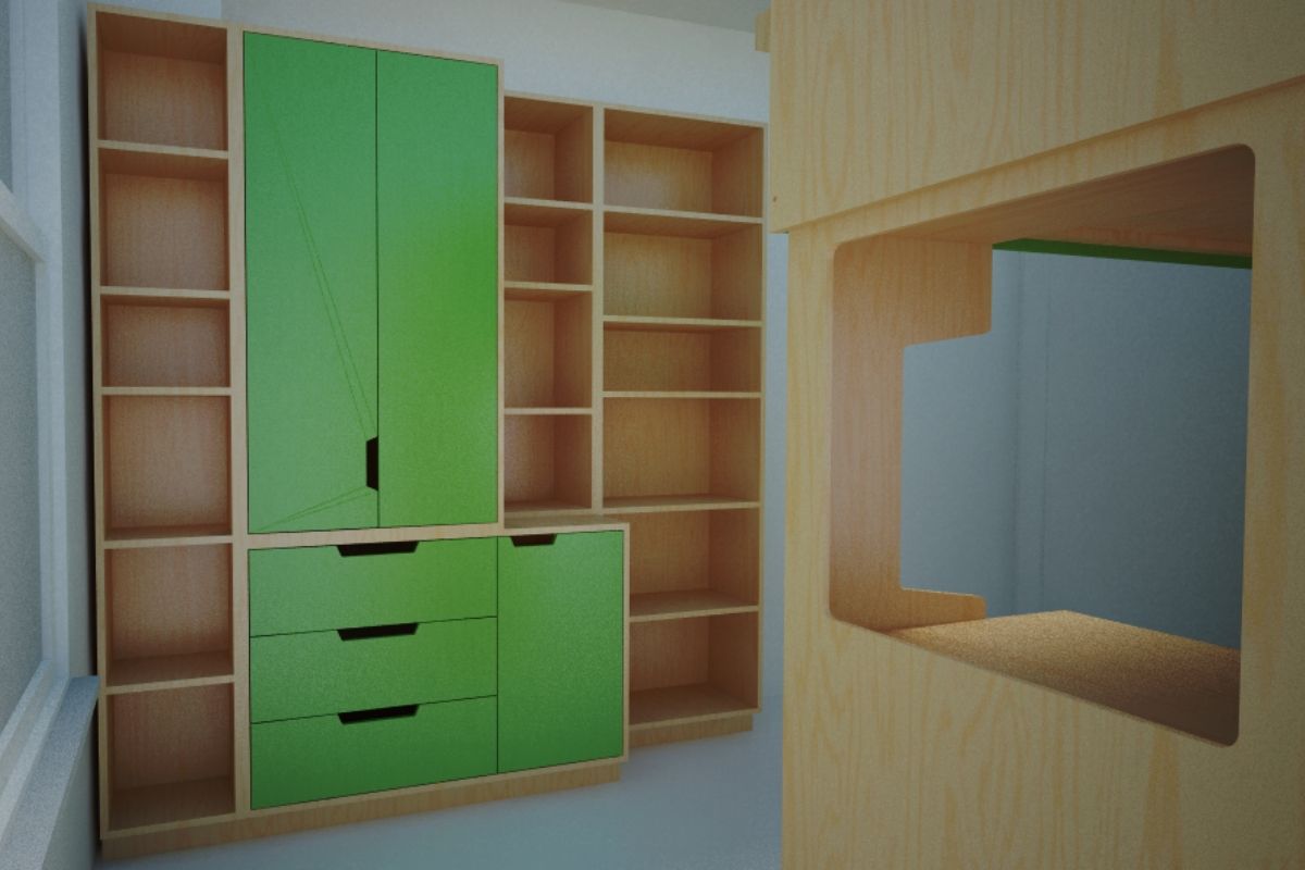 Empty wooden bookshelf with green drawers beside a small window.