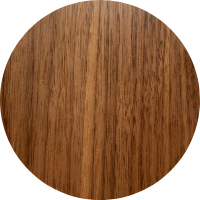 Circular sample of walnut wood showcasing rich, straight grain textures on a black background.