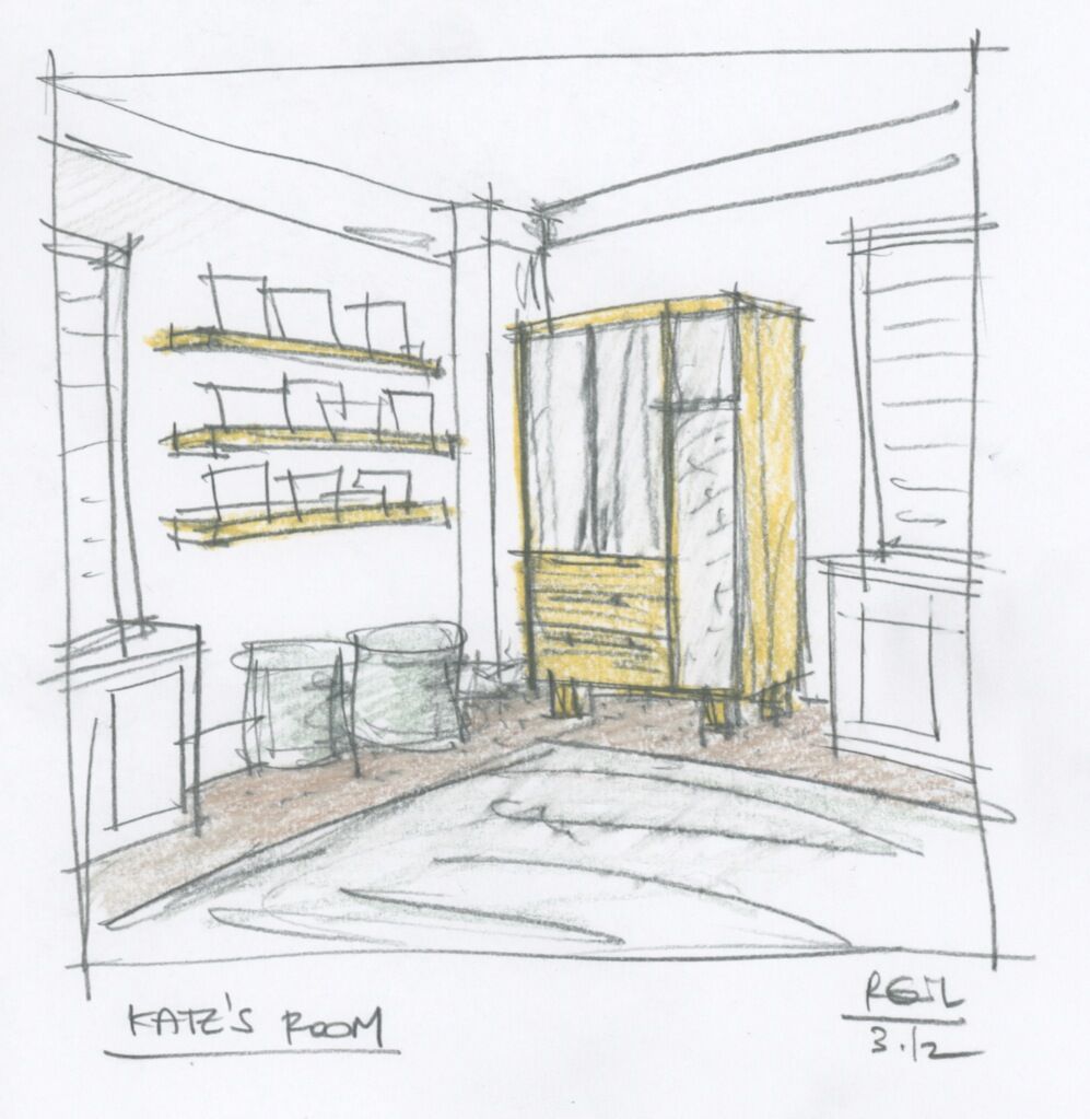 Interior sketch with shelves, cabinet, and window, reflecting a modern room design concept.
