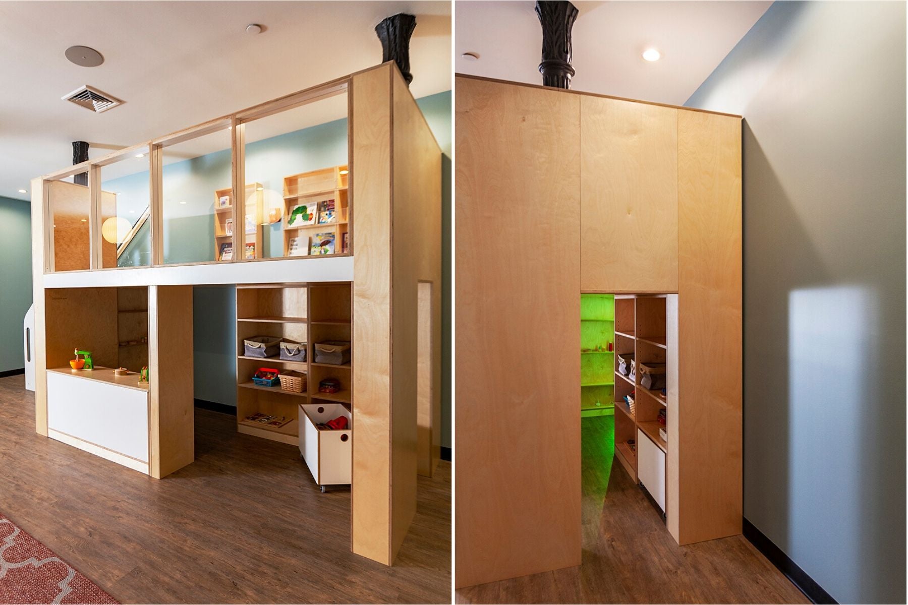 Wooden loft bed with storage and a hidden green nook.