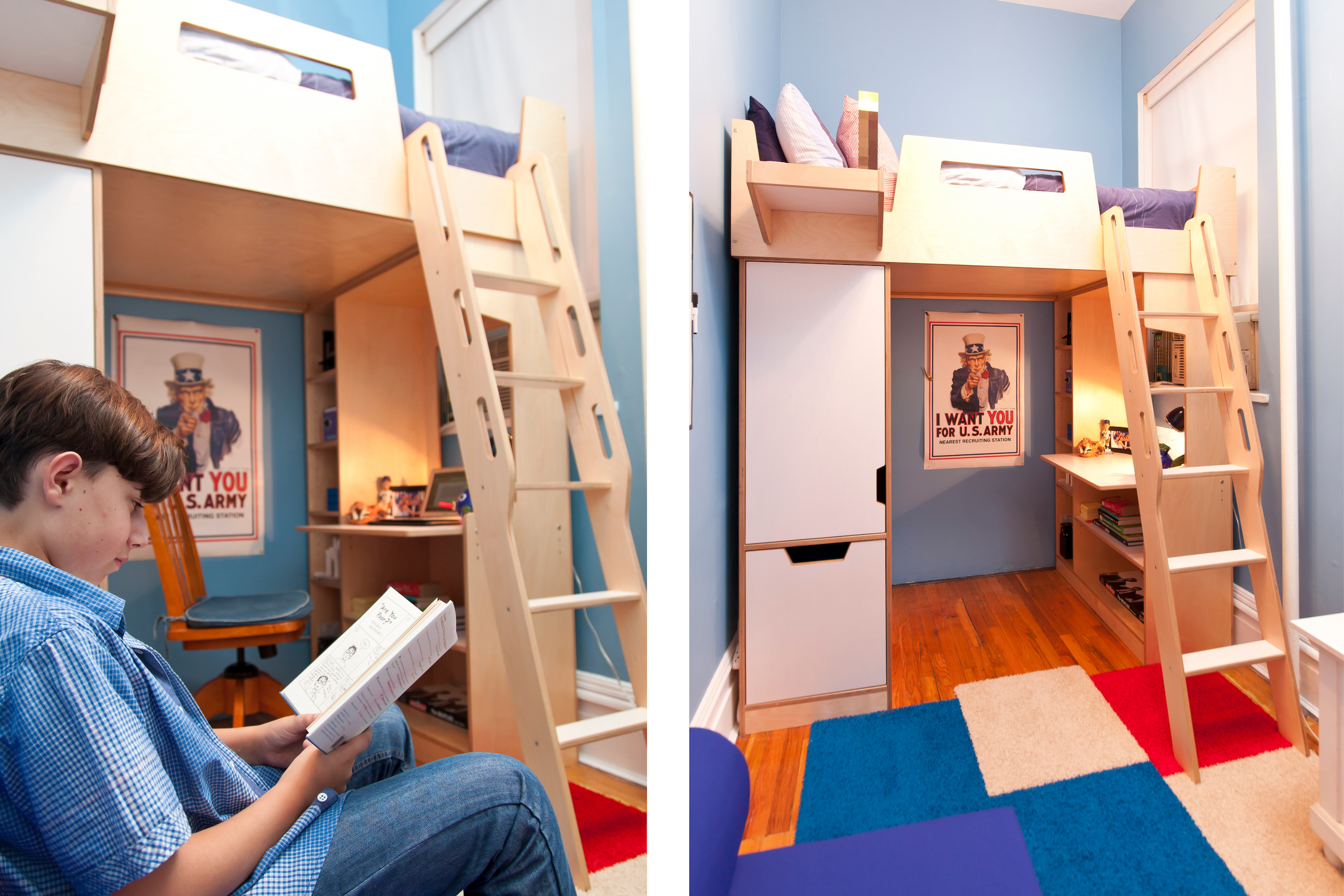 Collage of images: left, a boy reading under a loft bed; right, close view of the bed with a desk underneath.