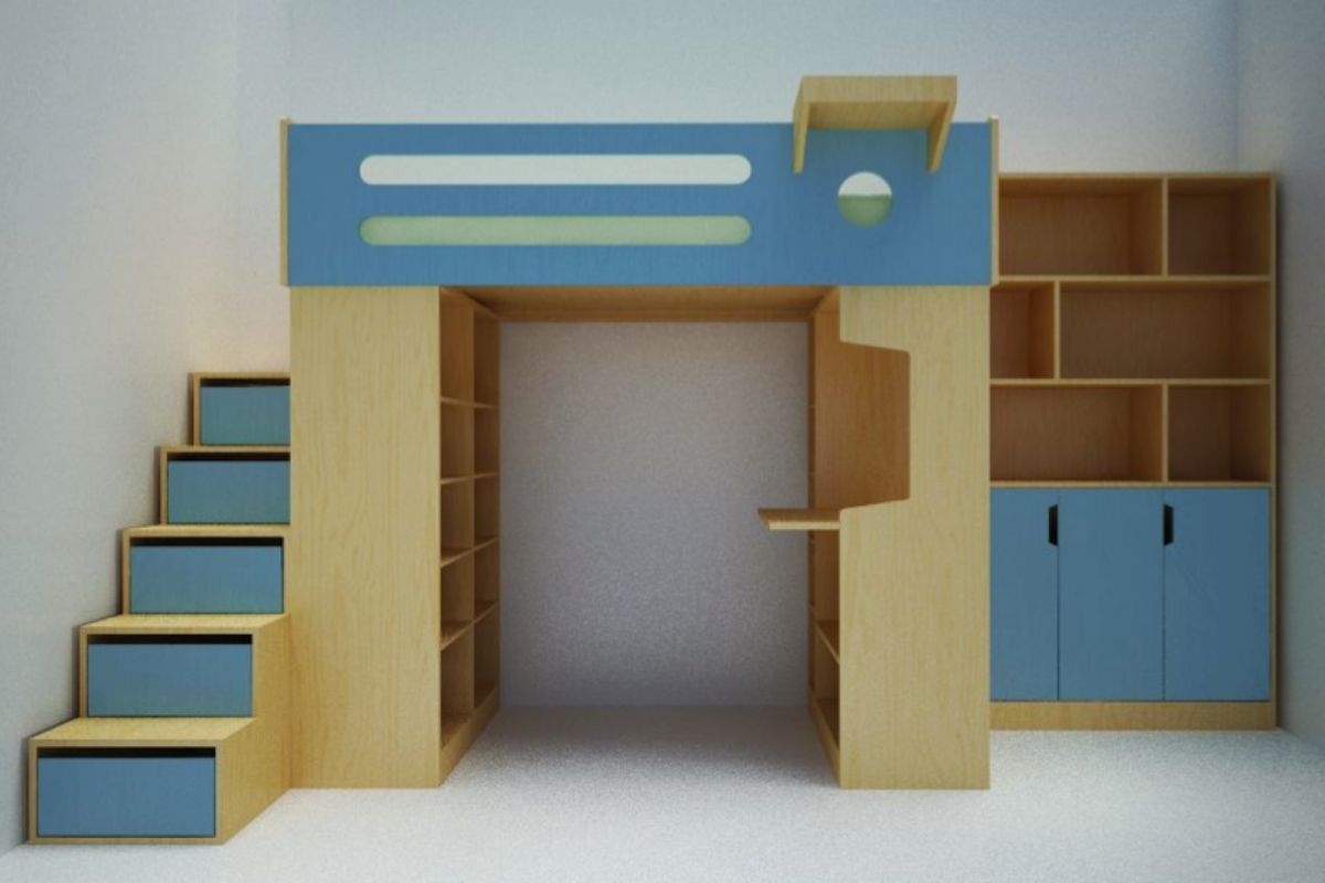 Loft bed with desk, shelves, blue accents, modern space-saving furniture.