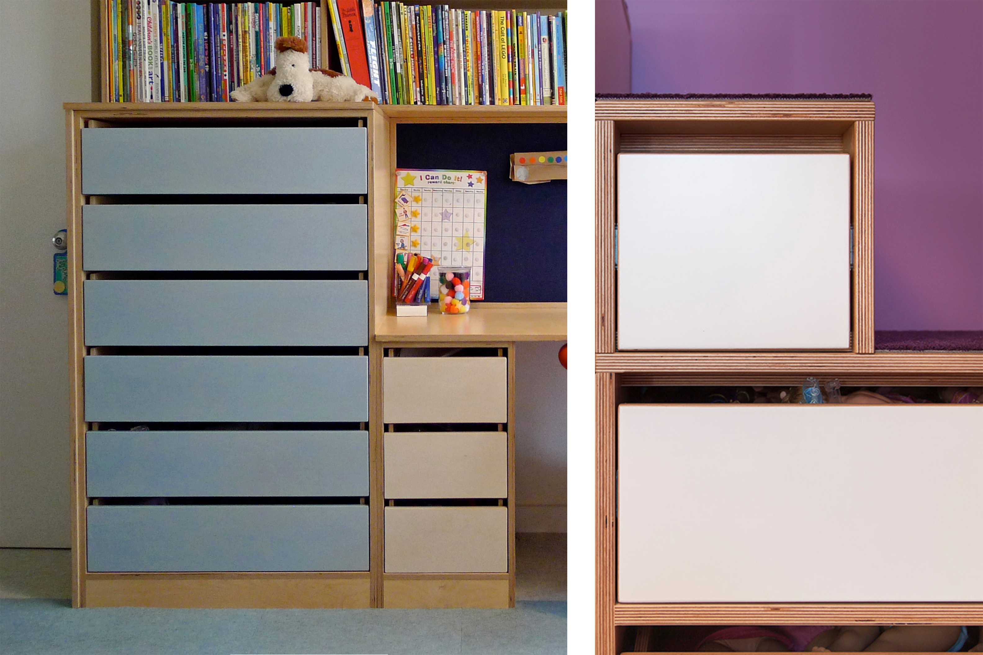 Split image of children's study area with gray drawers and a close-up of a modern drawer in a purple room.
