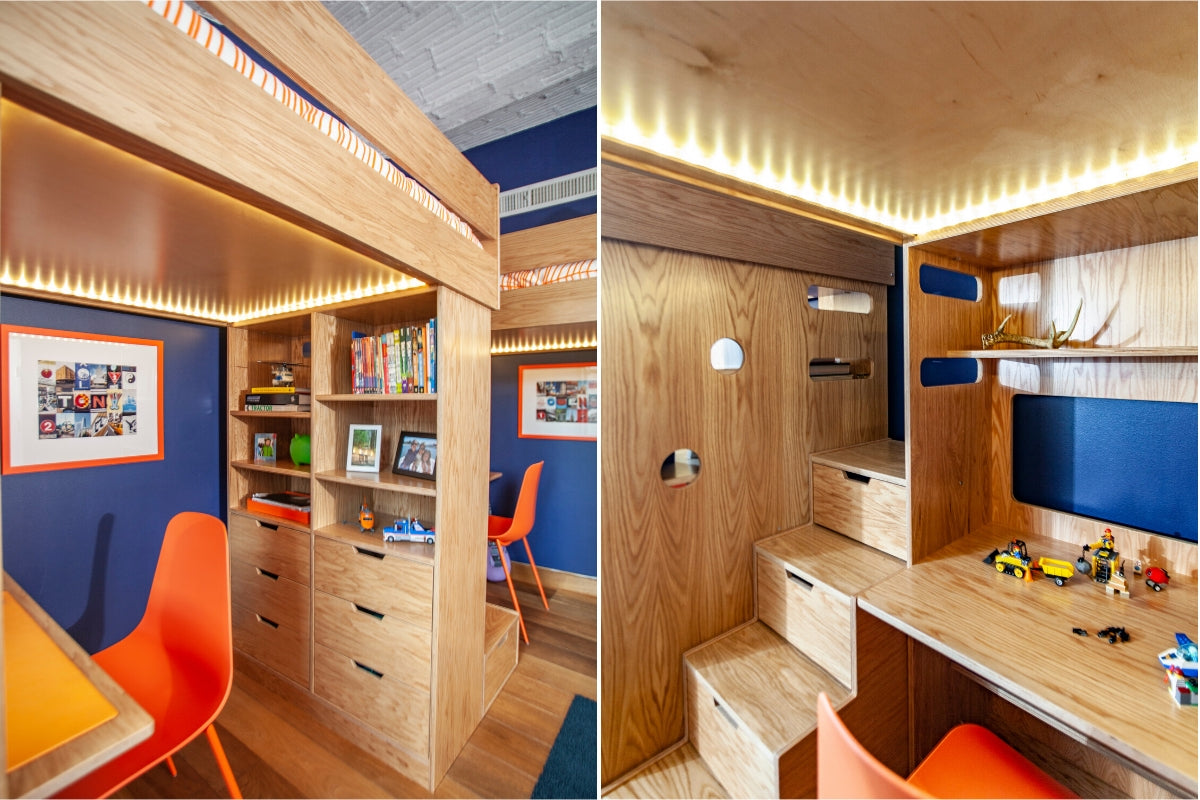 Compact wooden home office with built-in desk and cozy nooks.