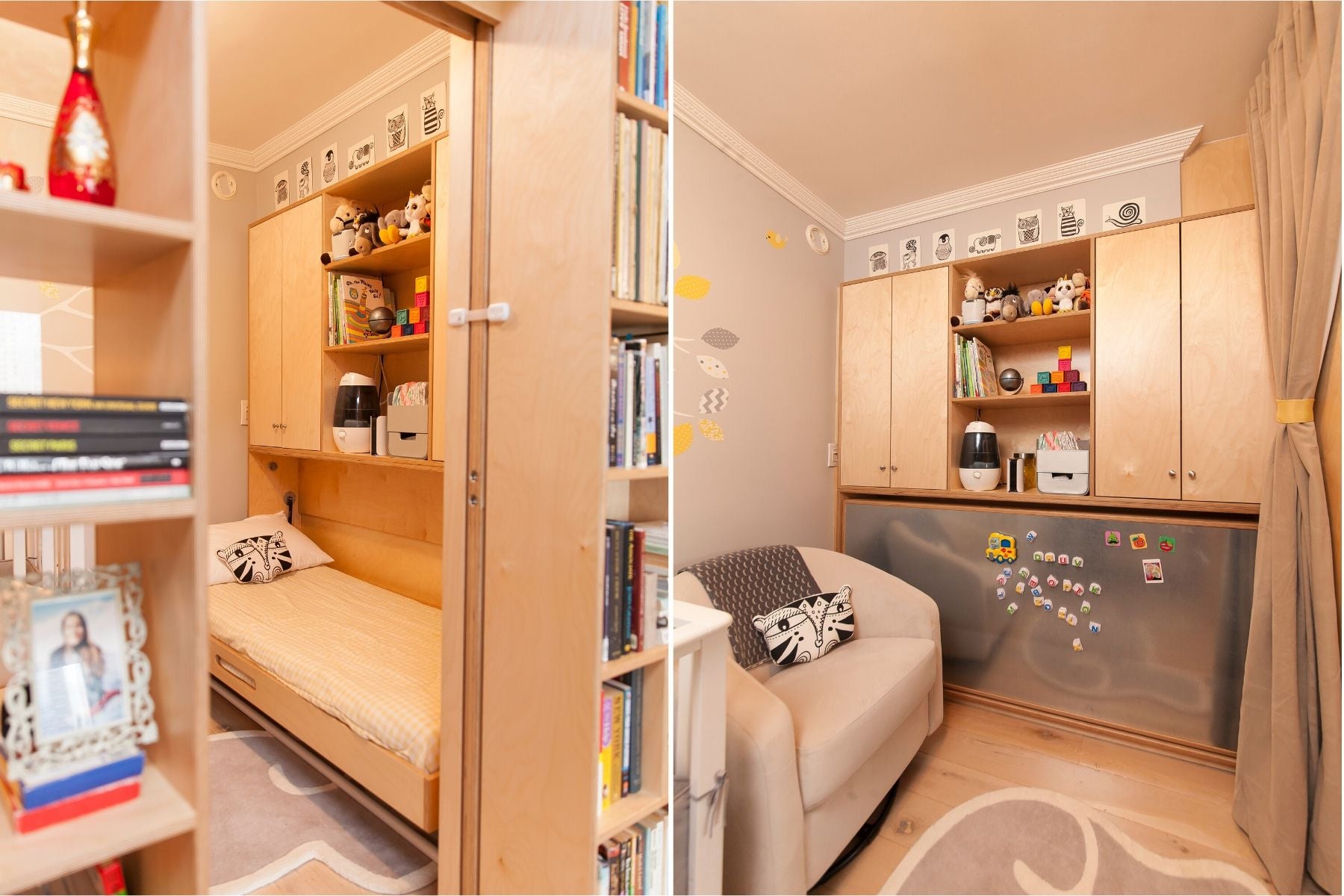 Cozy room interior with wooden Murphy bed, shelves, and seating area