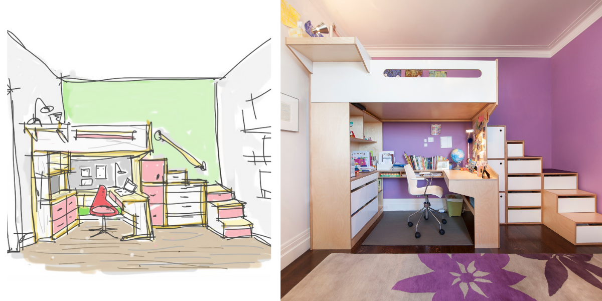 Collage of images: left, a sketch of a colorful loft bed with a desk; right, a room with a loft bed, desk, and accents.