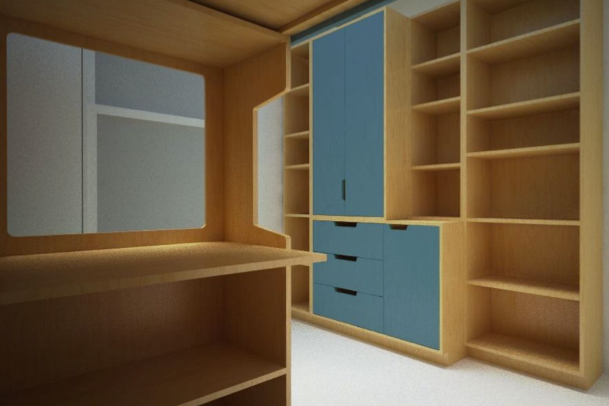 Empty wooden closet, blue drawers, versatile storage solution.