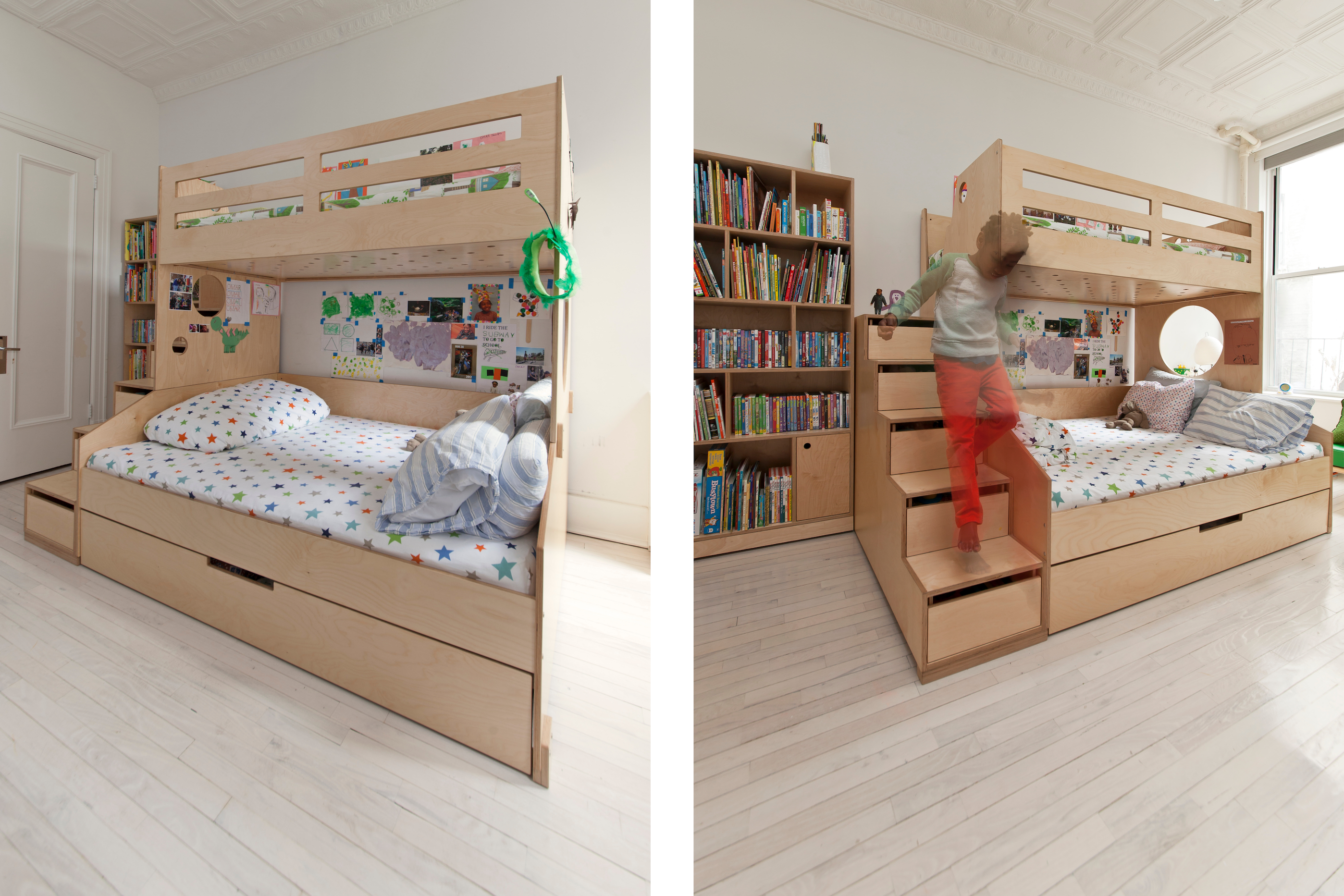 Collage of images: left, a wooden bunk bed with bedding; right, a child climbing the steps to the top bunk.