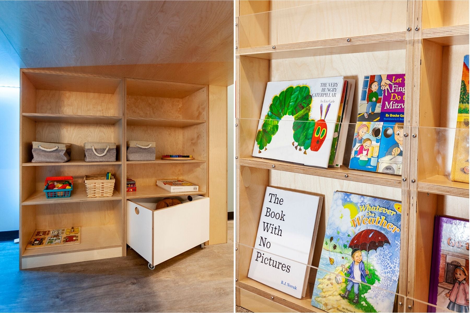 Wooden shelf with colorful children’s books and toys.