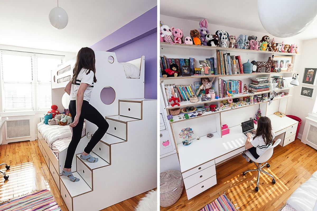 Child’s room with loft bed, desk, shelves, and toys in a space-saving design.