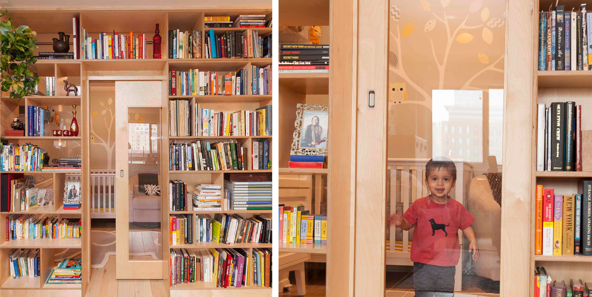 Collage of images: left, a bookshelf filled with books and a hidden door; right, a child peeking through the open door.